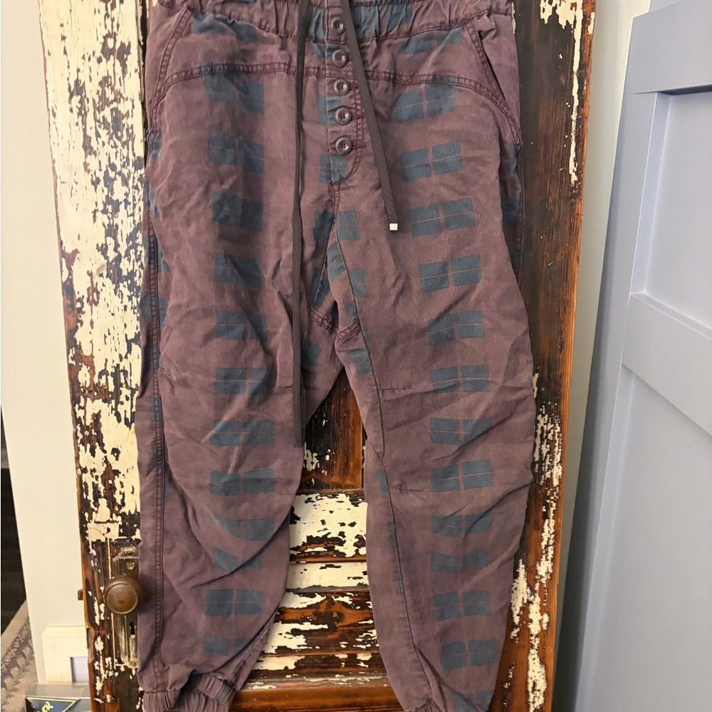 Anthropologie Plum Jogger Pants with Navy Plaid Accents